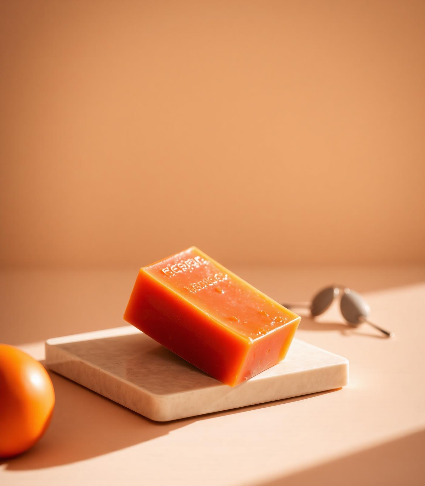 Kakinoha Japanese persimmon soap bar on a cream stone slab
