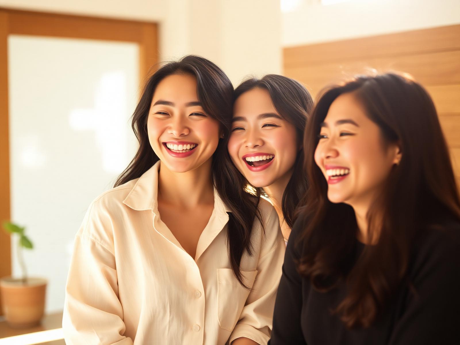 Confident friends laughing together in warm natural light